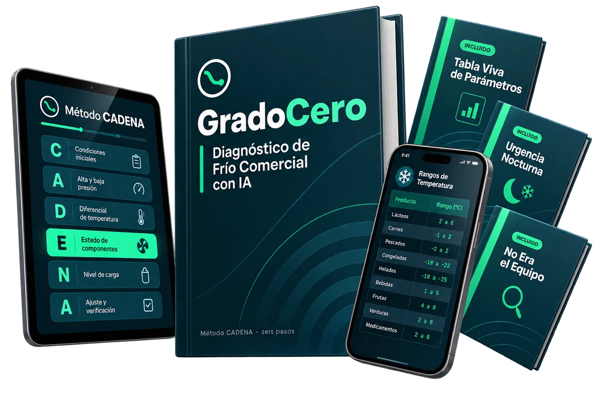 GradoCero: el libro principal, la tableta con el Método CADENA, el teléfono con la tabla de temperaturas y los tres materiales incluidos